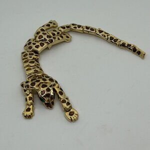 Vintage Gold-Tone Leopard Shoulder Brooch Green Rhinestone Eyes Articulated Body